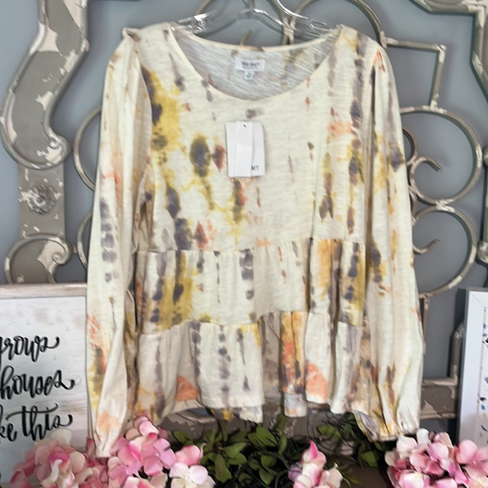 Ivory Tie Dye Tiered Top True Craft Long Sleeve Cotton Blend Flowy Womens Medium